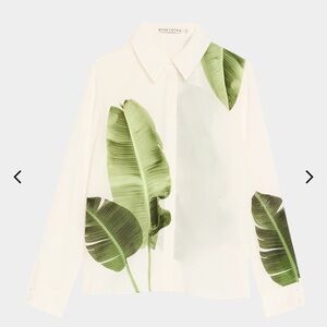 Alice+Olivia Women's Ivory Silk Palm Leaf Collared Willa Button-Up Top M Defects